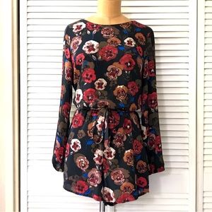 One Clothing Romper Womens Medium Black Red Floral Long Sleeve Pockets